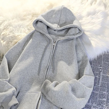 Deep Grey Fleece Lined Hoodie Women's Loose Fit Long Sleeve Zipper Cardigan Style Comfortable Casual Style Autumn Winter Wear