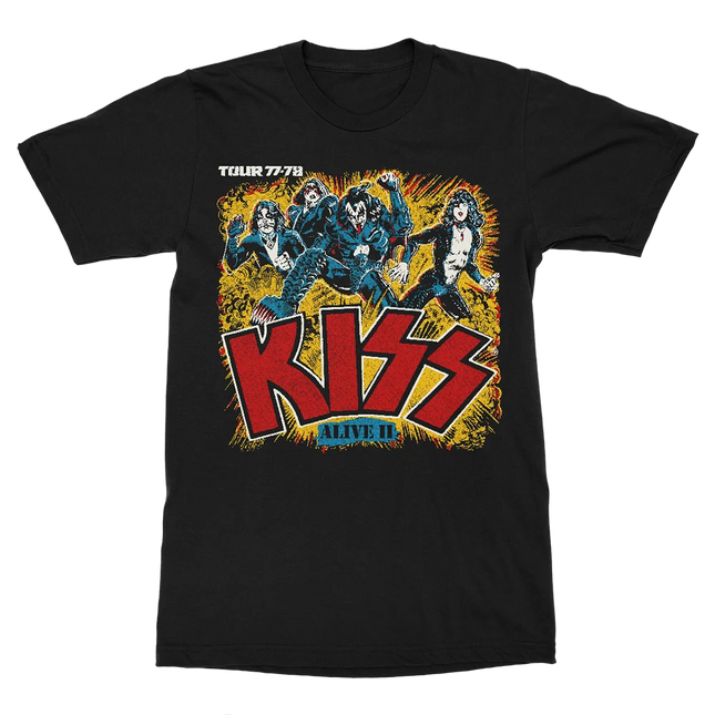 KISS Band Tour 77-78 Alive II Official T-Shirt – Classic Makeup Character Graphic Print, Retro Rock Merchandise for Band Fans