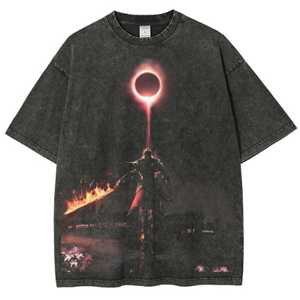 Classic Action Role-playing Game Dark Souls Peripherals Print T-shirt Street Harajuku Men Women Retro Washed Cotton Oversize Top