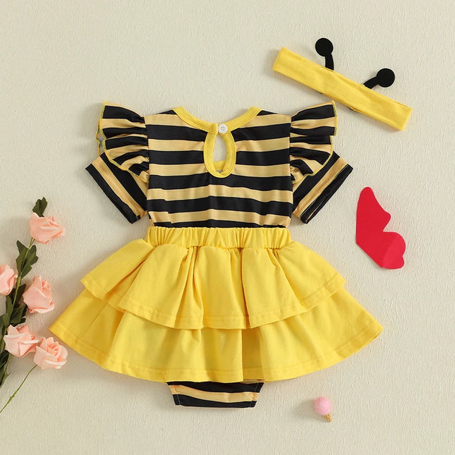 Summer Newborn Baby Rompers Infant Short Sleeve Striped Bee Embroidery Casual Girls Jumpsuits with Headband Baby Clothes 0-18M