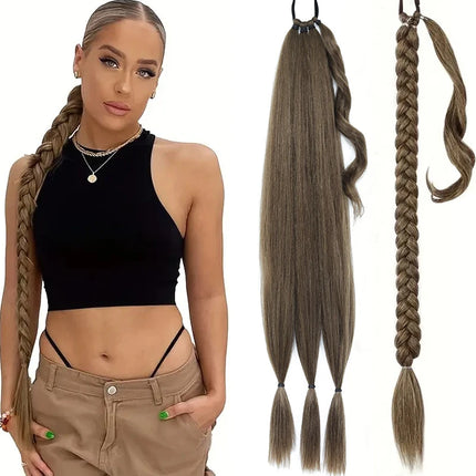 Long Braided Ponytail with Elastic Hair Tie 30 Inch DIY Box Braiding Ponytail Extension Synthetic Braids Fake Tail for Women