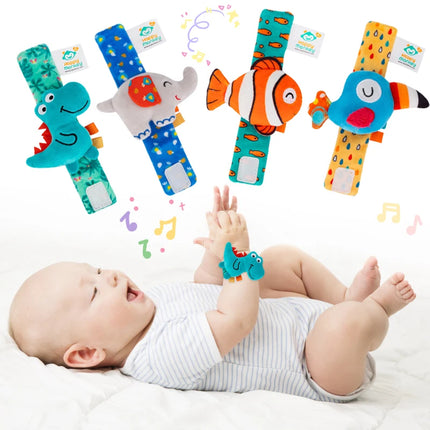 Montessori Newborn Cartoon Wrist Strap Rattles Toys Children Sensory Animal Squeaking Sound Interaction Development Toys Gifts