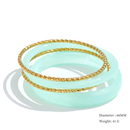 Yhpup 1Set 66mm 3 Round Circle Resin Overlay Minimalist Bracelet Bangle Set 18K Gold Plated Stainless Steel Wrist Trend Jewelry