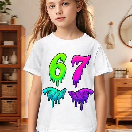 67 Meme T-Shirt for Boys Girls Fashion Splashed Ink 3D Print Girl Short Sleeve Tees Round Neck Tops Loose Children's Clothing