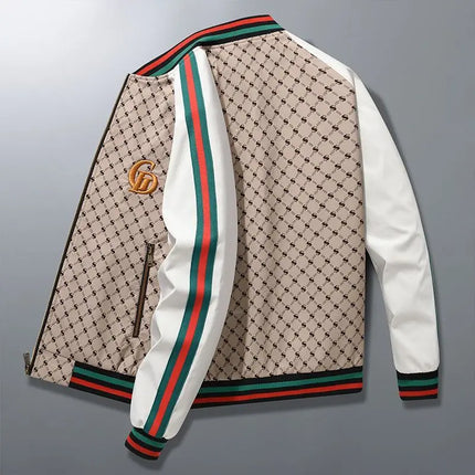 Men's Geometric Print Bomber Jacket Contrast Stripe Zip Up Varsity Baseball Coat
