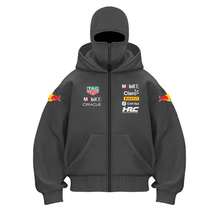 Men's Zipper Cardigan Hoodie with Red Bull Logo Motorcycle Jacket Style Casual Thermal Streetwear Outdoor Mountain Racing Hooded