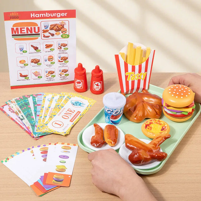 Kids' Pretend Play Fast Food Set - Realistic Burger & Fried Chicken, Toy Money Transaction & Serving Scene Kit