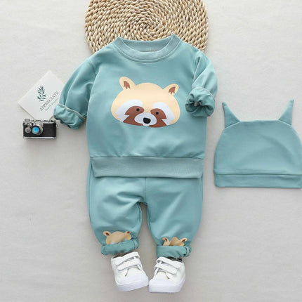 2PCS Infant and toddler spring and autumn small raccoon long-sleeved outdoor set with hat included