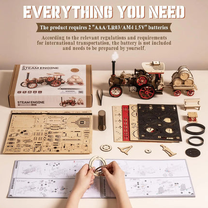 Robotime Rokr Car Model Building Kit 3D Wooden Puzzle Steam Kit 1:28  Mechanical Steam Locomotive Awesome Gifts for Adults Teens