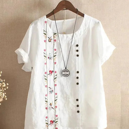 Retro Cotton Linen Short Sleeve Embroidered Flower Women's T-shirt Wish Brand Crew Neck plus Size Shirt from Mainland China