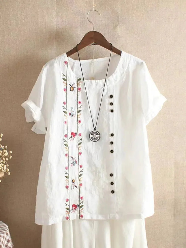 Retro Cotton Linen Short Sleeve Embroidered Flower Women's T-shirt Wish Brand Crew Neck plus Size Shirt from Mainland China