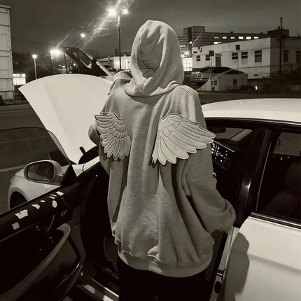 Spring New Cute Personality Street Trend Angel Wings Hooded Solid Color Zipper Sweater for Men and Women ins style