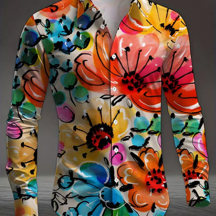 New men's fashionable 3D animal printed shirt with casual long sleeves and flower button design, fashionable shirt top