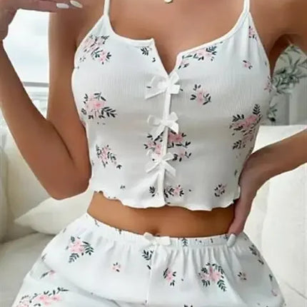 New Hot Sale Of The Season Heart Pattern Color Block Sleepwear Set with Slit in Front Strap Women's Vest Tops Non-Stitched Exte