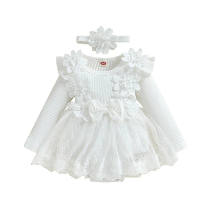 Pudcoco Infant 2-Piece Baby Girls Set 3D Flower Bow Long Sleeve Mesh Dress Romper Headband Adorable Ribbed Outfits 0-18M