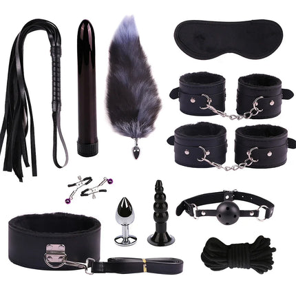 23PCS BDSM Bondage Set Handcuffs Ball Gag Whip Anal Plug Vibrator Egg Sex Toy for Women Men Couples Fetish Slave Role Play Kit