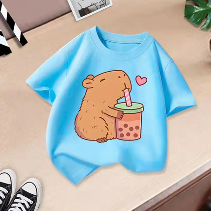 2025 Summer New Cute Animal Kapibala Fashion Printed Children's T-shirt Short Sleeve Fashion Pure Cotton Children's Clothing