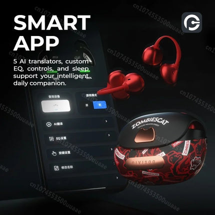 Zombies Cat B23 Graffiti Design Bluetooth 6.0 OWS Ear Clip Earbuds AI Translating Headphone TWS Wireless Earphone with Smart APP
