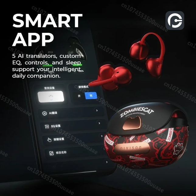 Zombies Cat B23 Graffiti Design Bluetooth 6.0 OWS Ear Clip Earbuds AI Translating Headphone TWS Wireless Earphone with Smart APP