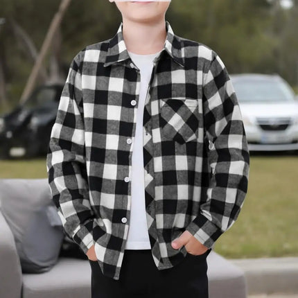 Children Stylish Flannel Shirt Trend Plaid Design Single Breasted Casual Lapel Shirt Boy Spring Outdoor Daily Soft Cozy Top