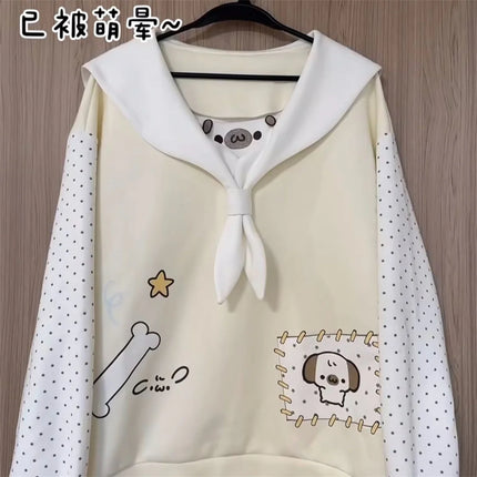 Japanese Kawaii Cartoon Dog Print Hoodies Women Sweet Sailor Collar Loose Sweatshirt Y2k Aesthetic Polka Dot Lolita Hoody Tops