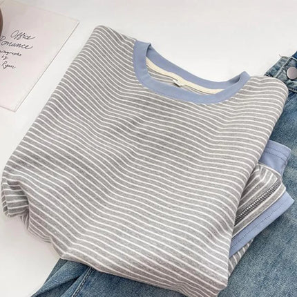 2026 New Women's Loose Fit Casual Stripe Short Sleeve T-Shirt Comfortable Breathable Cotton Polyester Blend Summer Top