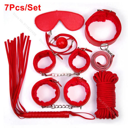 Beginner Friendly BDSM Bondage Set – 7 Pcs Cotton Rope Restraint Kit with Handcuffs Collar Gag Whip, Couples Adult Play Toy