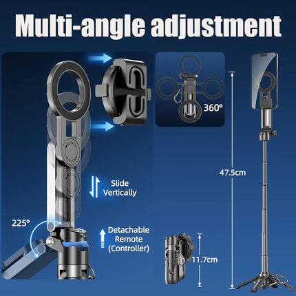 4-in-1 Magnetic Selfie Stick Tripod-Extendable Phone Stand with Detachable Wireless Remote,for Photography,Live Streaming,Travel