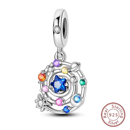 100% 925 Sterling Silver Blue Round Crystal Life Tree Angel Star Moon Pendants Charms Fit 925 Original Bracelets DIY Jewelry