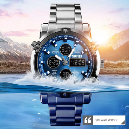 SKMEI Men Dual Display Watch Countdown Steel Strap Electronic Wristwatch Three Time Clock Digital Quartz Watch Relogio Masculino