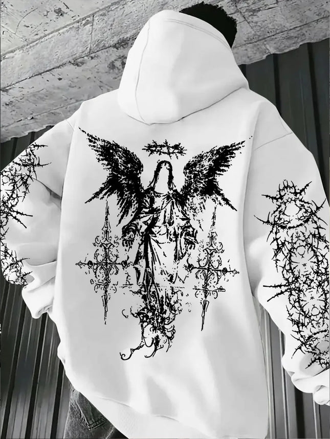 Hot-selling autumn and winter men's Gothic angel print soft and comfortable hooded sports outdoor streetwear