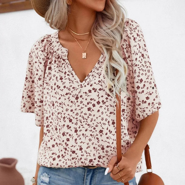 Plus Size Women's Shirts, All-Over Printed Short-Sleeved Stand-Up Collar Shirts, Women's Office Casual Tops