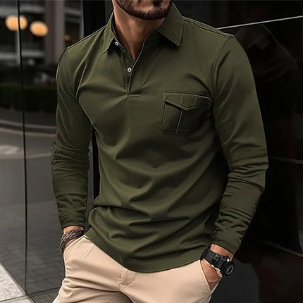 Autumn And Winter New Sports Polo Shirt Men's Long-sleeved Casual Lapel Polo Shirt Solid Color Pocket T-shirt