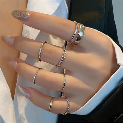 Modyle 10 pcs/set Bohemian Ring Set Gold Silver Color Wide Rings For Women Girls Simple Chain Finger Tail Rings