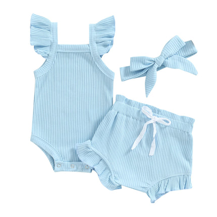 2021 Baby Summer Clothing Baby Girl Tops, Lace Up Pants Suit, Square Neck Short Ruffle Sleeve Romper, Loose Flouncing Shorts