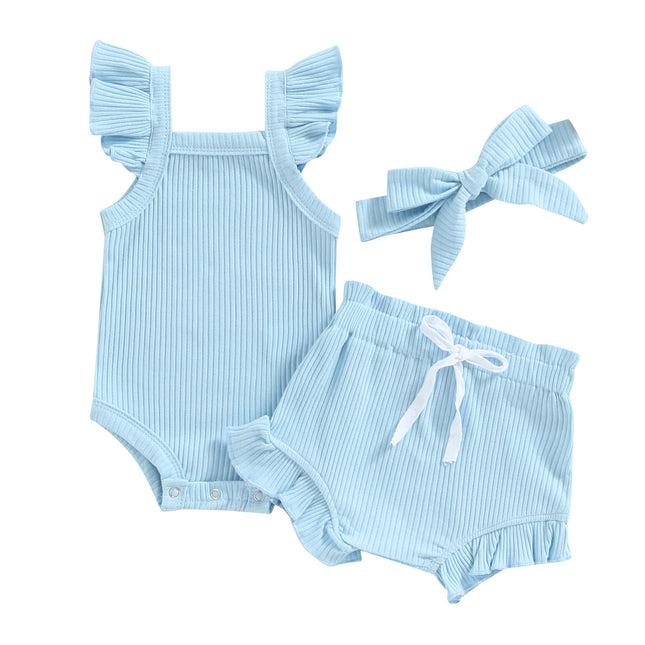 2021 Baby Summer Clothing Baby Girl Tops, Lace-Up Pants Suit, Square Neck Short Ruffle Sleeve Romper, Loose Flouncing Shorts