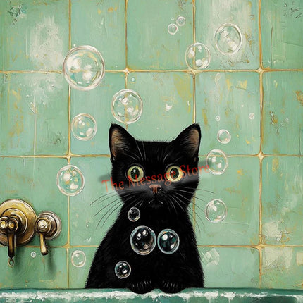 Funny Black Cat Bathroom Retro Mint Color Bathroom Toilet Bathtub Aesthetic Art Poster Canvas Painting Wall Pictures Home Decor