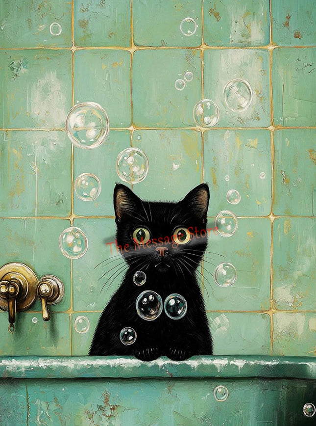 Funny Black Cat Bathroom Retro Mint Color Bathroom Toilet Bathtub Aesthetic Art Poster Canvas Painting Wall Pictures Home Decor