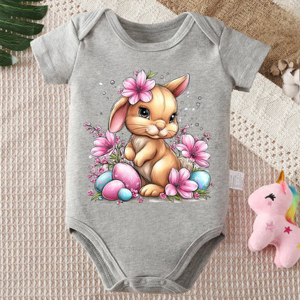 Pure Cotton Bodysuit Retro Happy Easter Bunny Flowers Onesie Comfortable Cloths for Baby Jumpsuit for 0 To 12 Months Newborn