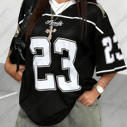 2026 Summer Black Speed 23 Printed T-Shirt For Women V-Neck Short Sleeve Sports Football Jersey Y2K Loose Oversized Tops