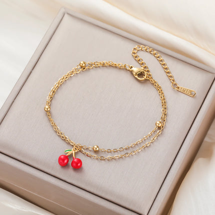 Teamer Enamel Cherry Charm Bracelet For Woman Gold Color Stainless Steel Double Bead Chain Fashion Birthday Friend Jewelry Gift