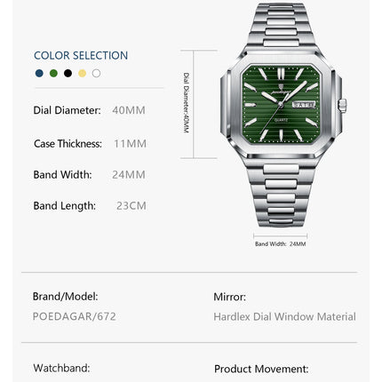 POEDAGAR Luxury Square Male Watch Waterproof Luminous Date Week Quartz Watches For Men Stainless Steel Fashion Men's Clock Reloj