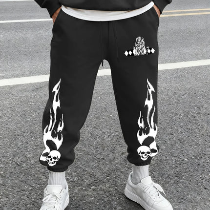 Men's Gothic Skull Flame Lady Figure Rhombus Print Sweatpants Elastic Waist Soft Dark Punk Street Hip Hop Joggers