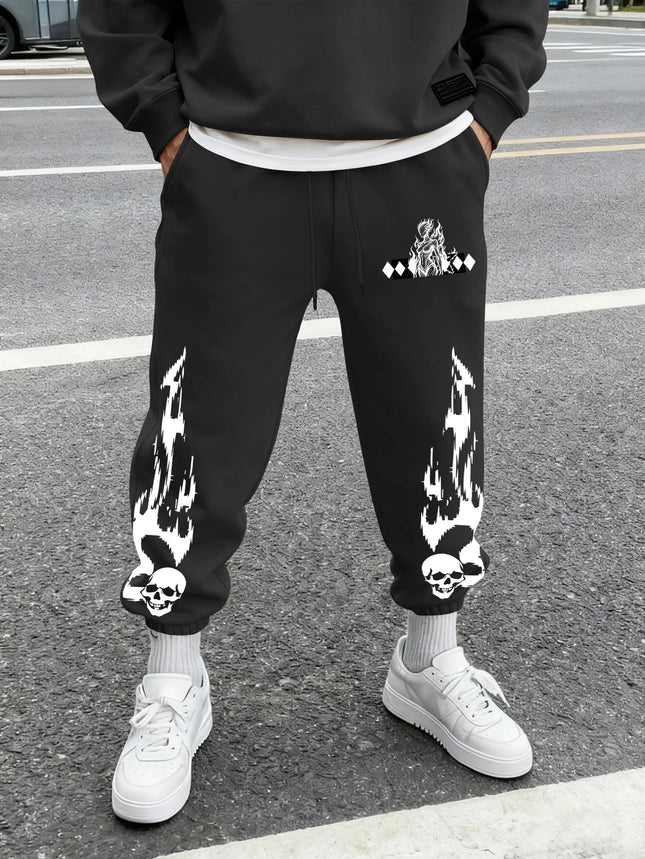 Men's Gothic Skull Flame Lady Figure Rhombus Print Sweatpants Elastic Waist Soft Dark Punk Street Hip Hop Joggers