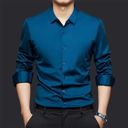 High Stretch Men Business Shirt Long Sleeve Anti-wrinkle Non-ironing Slim Fashion Casual Social Solid Formal Office White Shirt