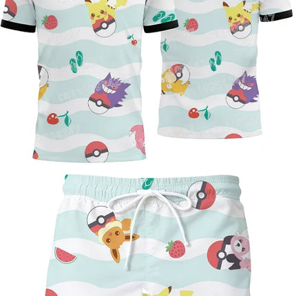 2026 Sport New Pokemon Pikachu 3D Print T-shirt Shorts Set Summer Casual Two Piece Outfit Men Women Cartoon Streetwear Tracksuit
