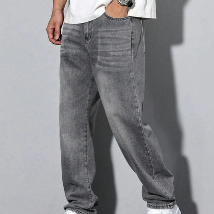 Men's straight skinny grey jeans, straight and simple design, suitable for daily wear in all seasons