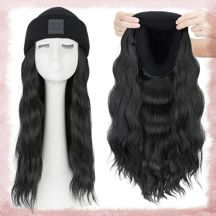 20inch Long Water Wavy Synthetic Hairpiece Beanie Hat - Woven Wigs with Knit Pom Cap and Warm Winter Design - Soft, Detachable,