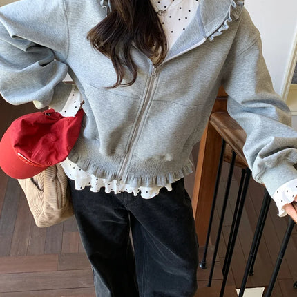 Korean Pink Zipper Hooded Sweatshirt for Women's Cute Outerwear Cardigan with Ruffle Edge Long Sleeved Top Loose Hoodie