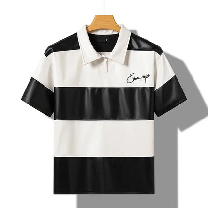 Splice Color Stripe Pu Leather Lapel Collar T Shirt Black Purple Red Polo Shirt Men Women High Quality Casual Short Sleeve Tops